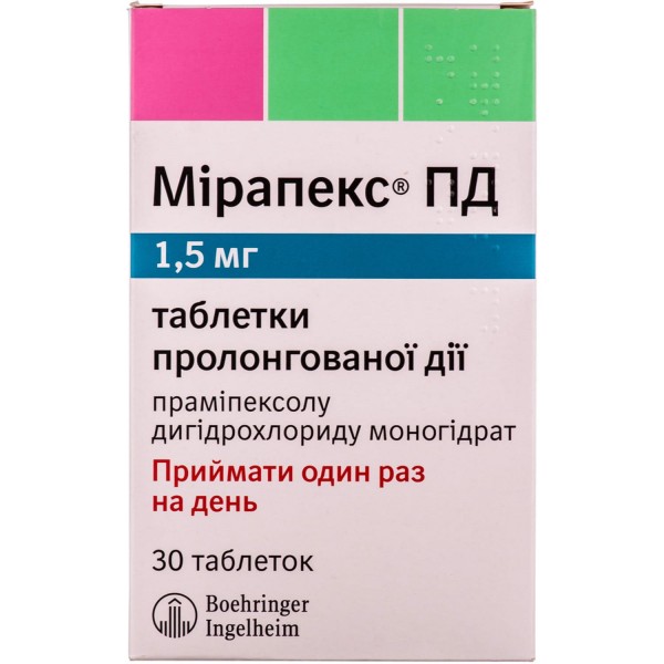 Мирапекс ПД таблетки по 1,5 мг, 30 шт.